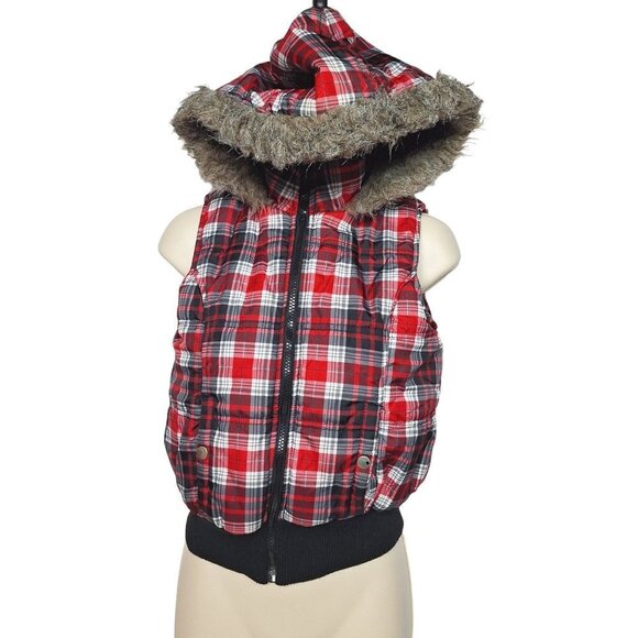 Max Rave Womens Puffer Vest Medium Black Red White Plaid Faux Fur - Picture 2 of 7
